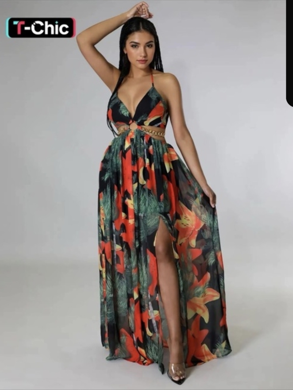 Viral Tropical Bellychain Cutout Maxi Dress